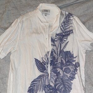 COS White Short-Sleeve Button-Down with Blue Botanical Print Linen